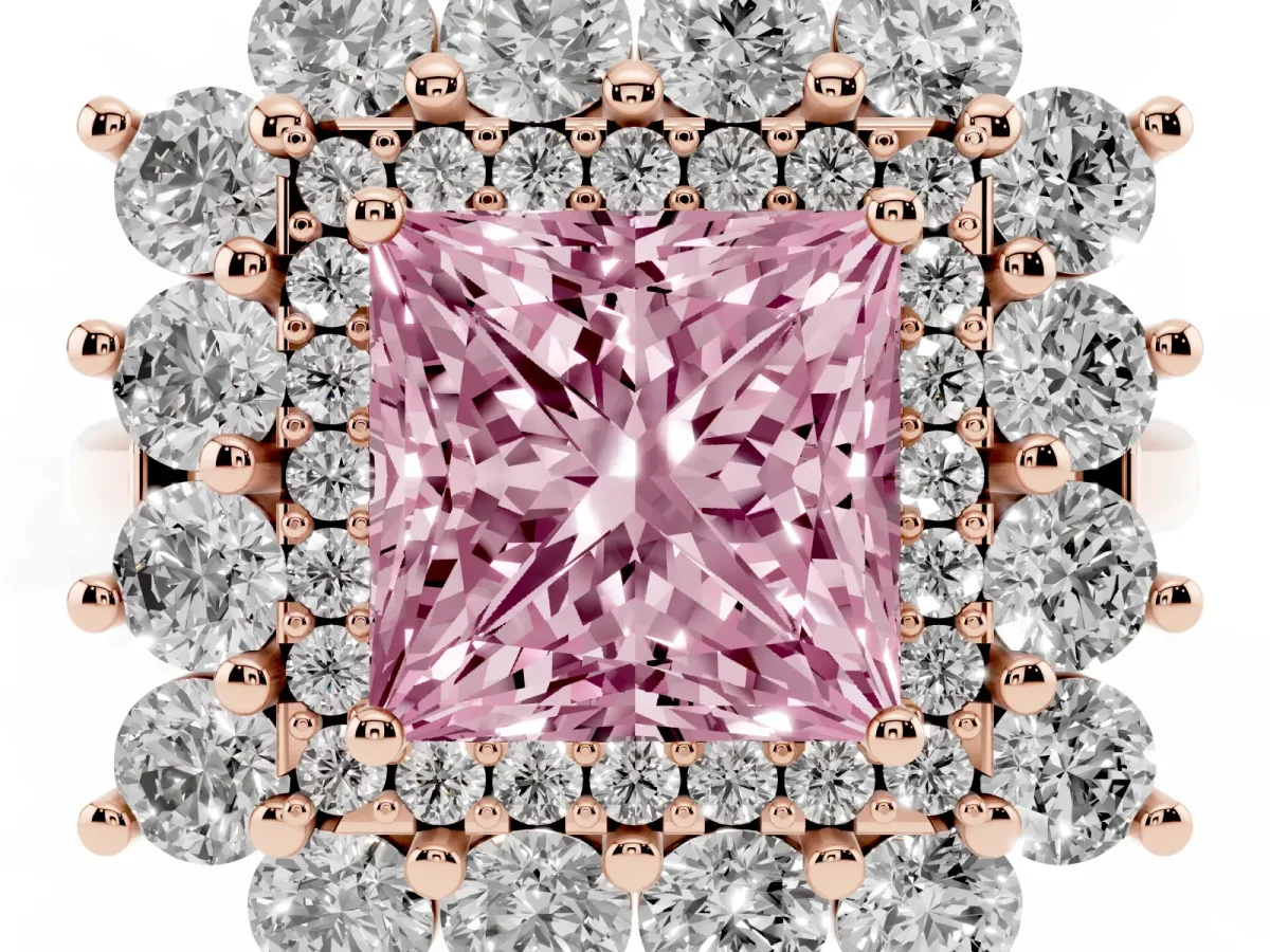 Fancy Pink Princess Cut Diamond Floral Double Halo Engagement Ring with Prong Setting Rose gold