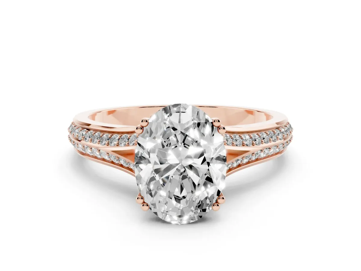 Oval Cut Diamond Split Shank Engagement Ring with Pavé Band Rose gold