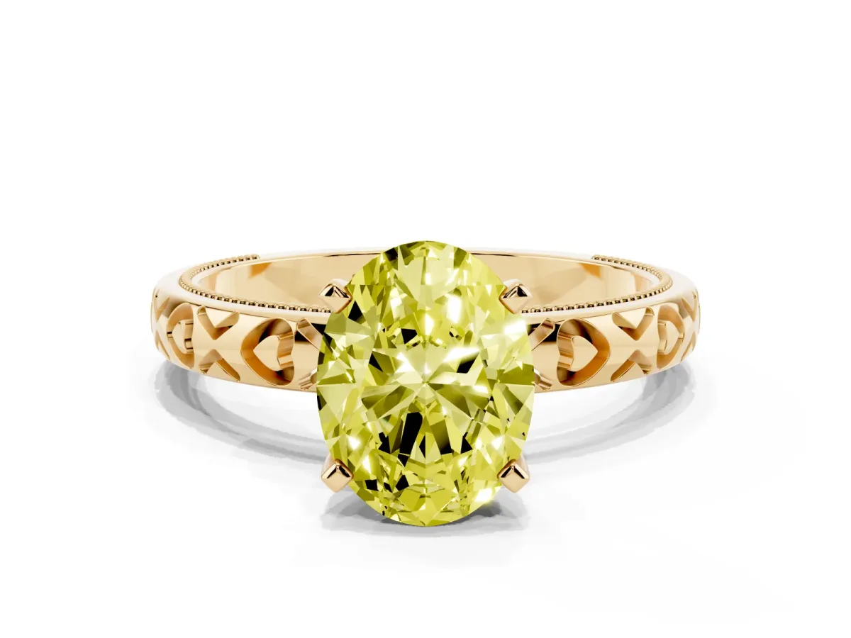 Fancy Yellow Oval Cut Solitaire Diamond Engagement Ring with XO Engraved Band and Four-Prong Setting Yellow gold
