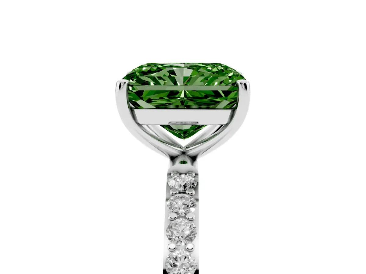 Fancy Green Radiant Cut Diamond Solitaire Ring with Round Pavé Shoulders and Prong Setting Silver