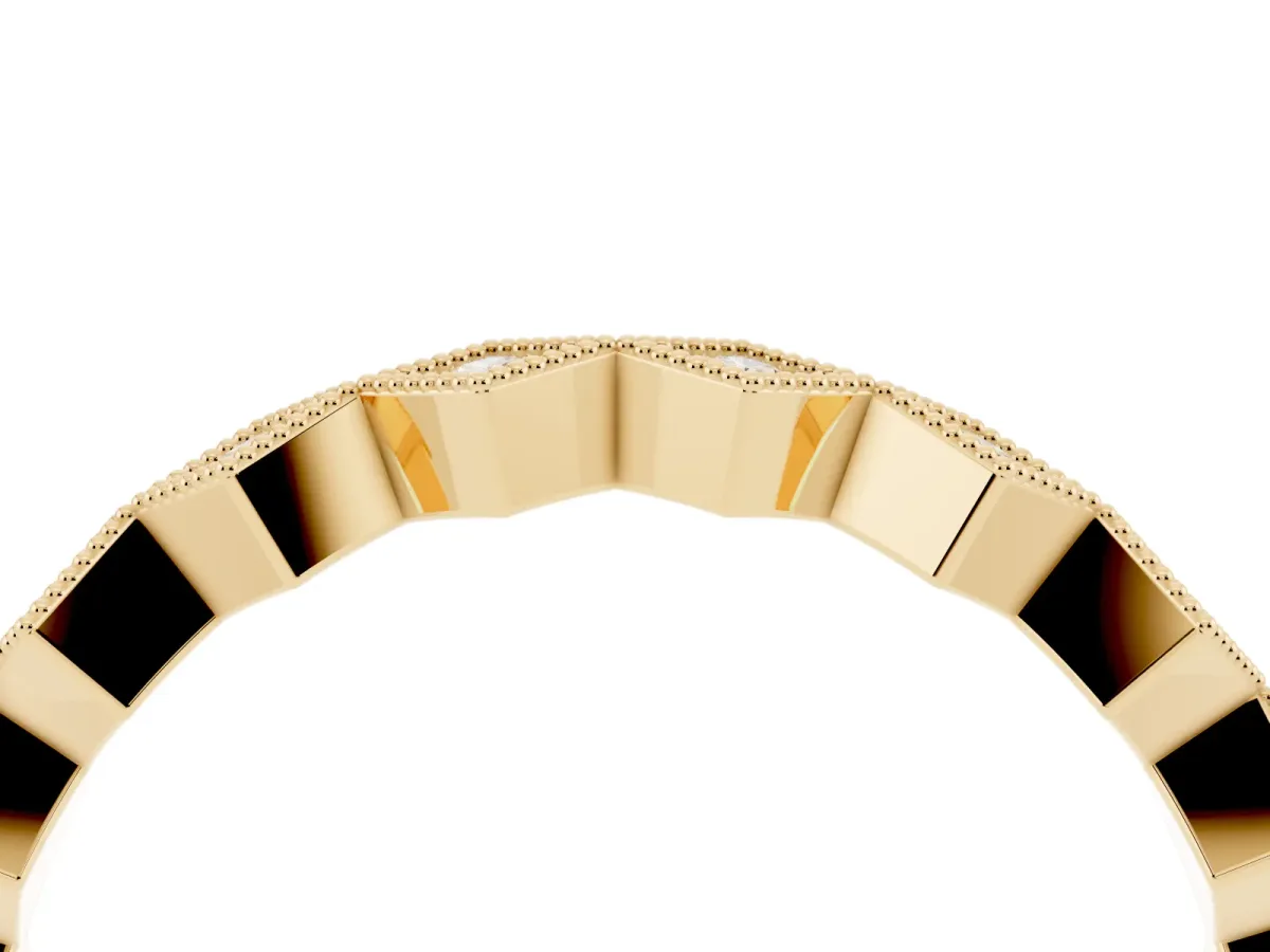 Milgrain Diamond Geometric Stackable Band with Round Cut Stones and Bezel Setting Yellow gold