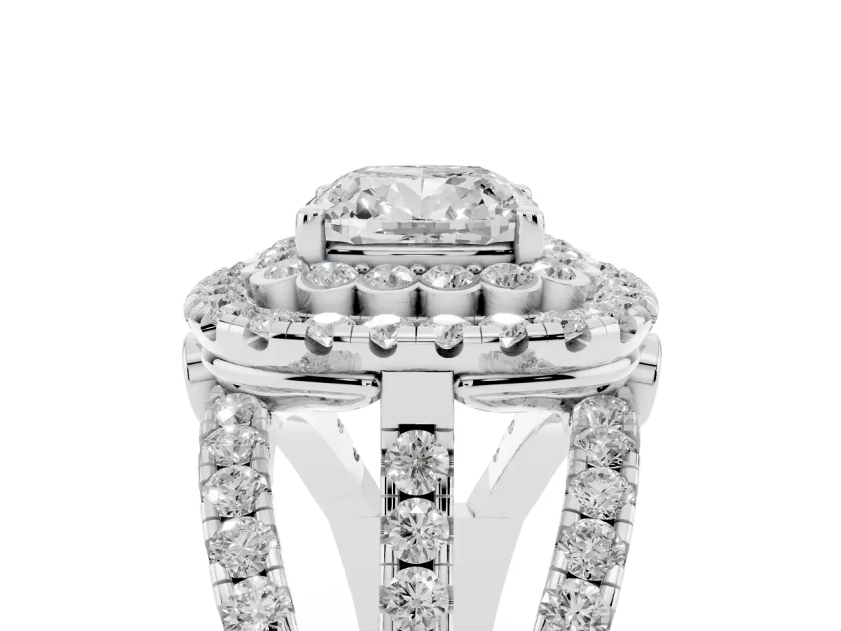 Cushion Cut Diamond Double Halo Ring with Round Pavé Split Shank and Prong Setting Silver