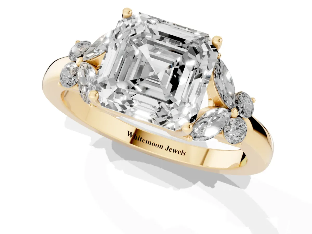 Asscher Cut Cut Solitaire Floral Diamond Ring with Four-Prong Setting Yellow gold
