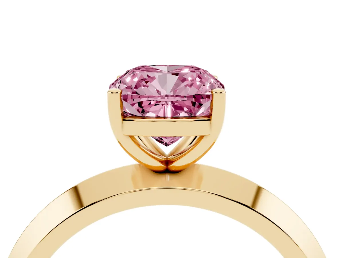 Fancy Pink Cushion Cut Cut Solitaire Engagement Ring with Flat Band and Four-Prong Setting Yellow gold