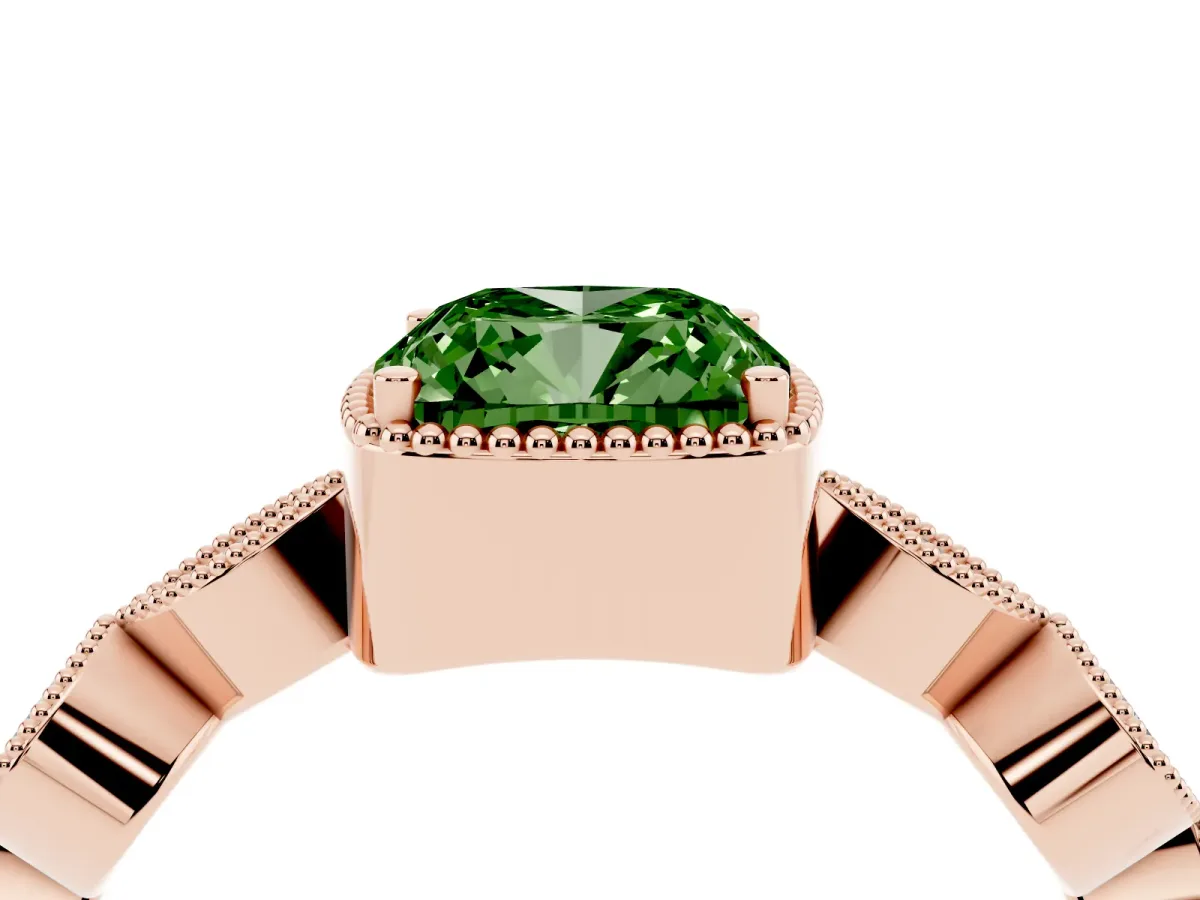 Fancy Green Cushion Cut Diamond Vintage Milgrain Ring with Round Stations Rose gold