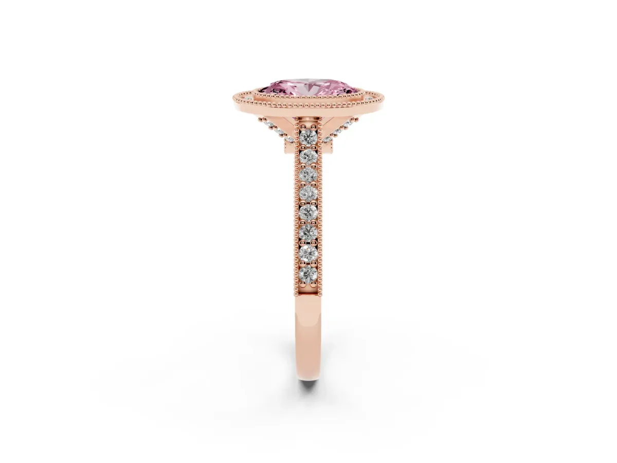Fancy Pink Halo Oval Cut-Cut Diamond Pave Band Milgrain Prong Setting Ring Rose gold