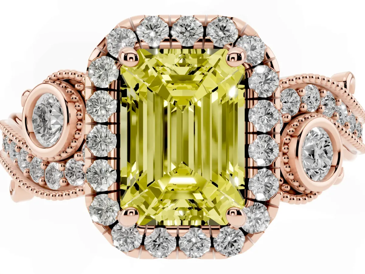 Fancy Yellow Emerald Cut Halo Diamond Ring with Milgrain and Bezel Accents on a Split Shank Band Rose gold