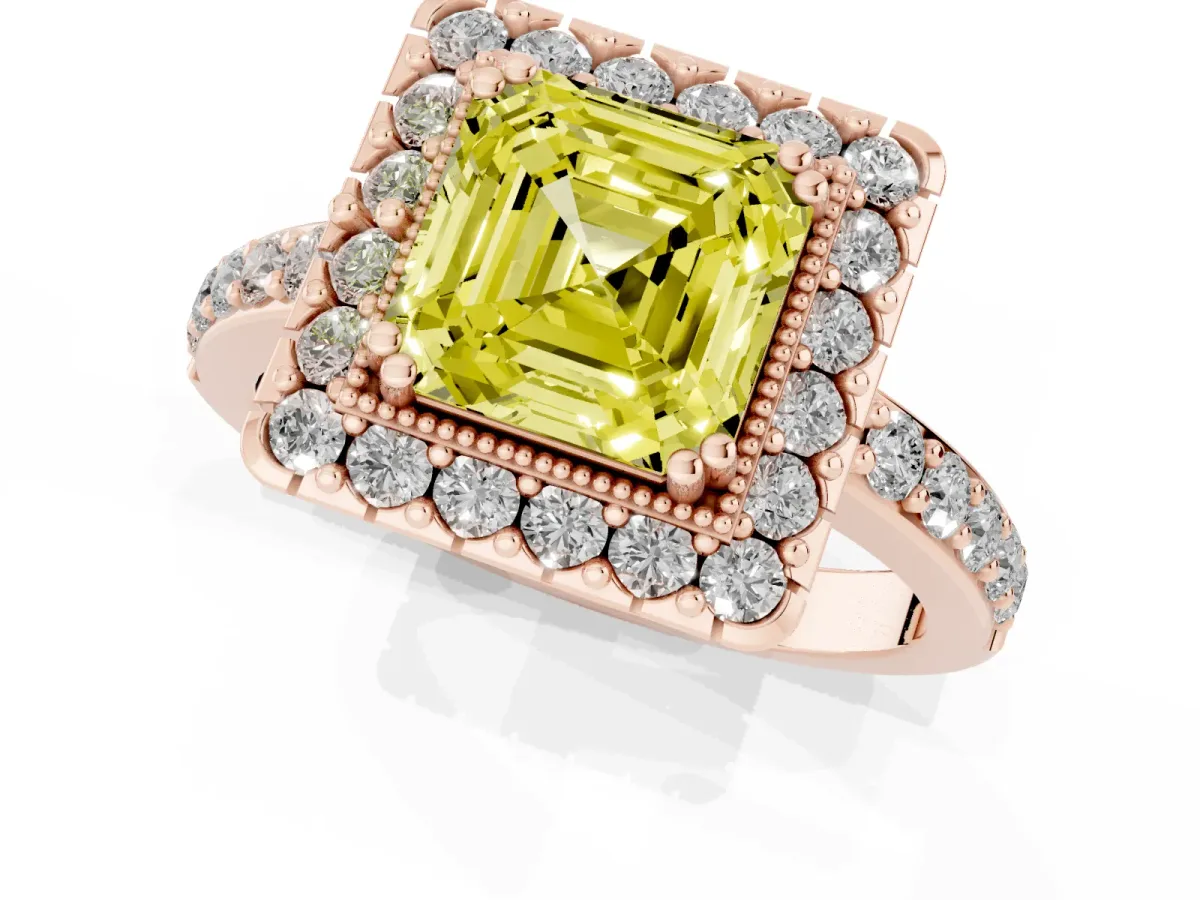 Fancy Yellow Asscher Cut Diamond Halo Ring with Pavé Band and Prong Setting Rose gold