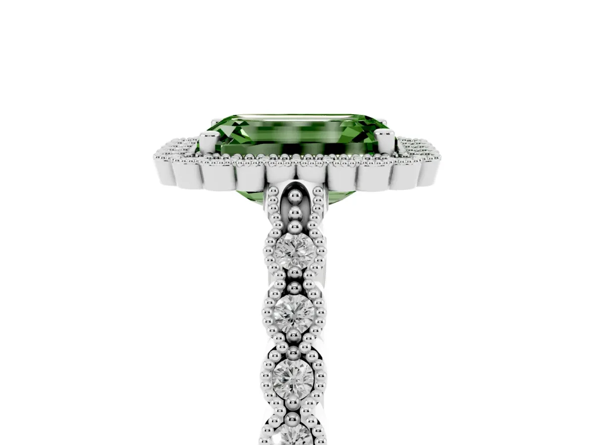 Fancy Green Emerald Cut Cut Halo Pavé Solitaire Ring with Milgrain Band Silver