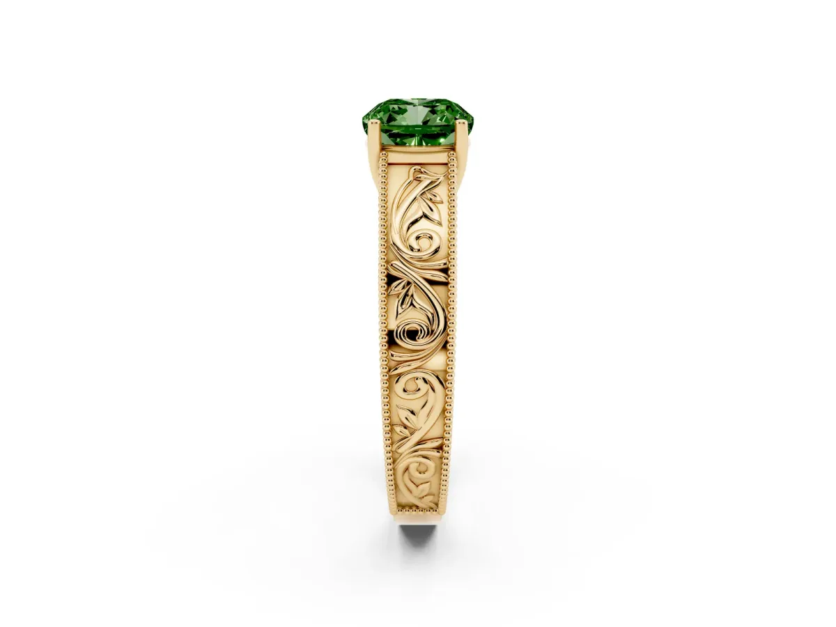 Fancy Green Cushion Cut Diamond Solitaire Ring with Engraved Band and Four-Prong Setting Yellow gold