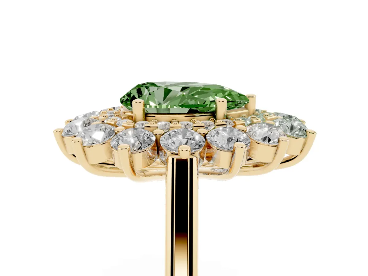 Fancy Green Pear Cut Diamond Floral Double Halo Engagement Ring with Prong Setting Yellow gold