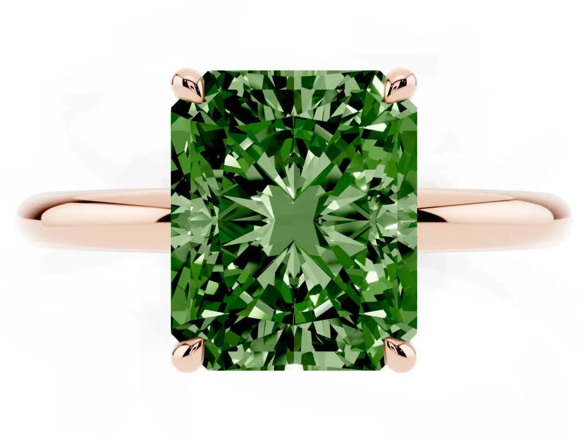 Fancy Green Radiant Cut Diamond Solitaire Ring with Thin Band and Four-Prong Setting Rose gold