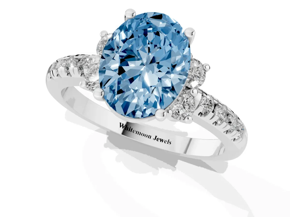 Fancy Blue Oval Cut Diamond Three-Stone Pave Band with Four-Prong Setting Silver