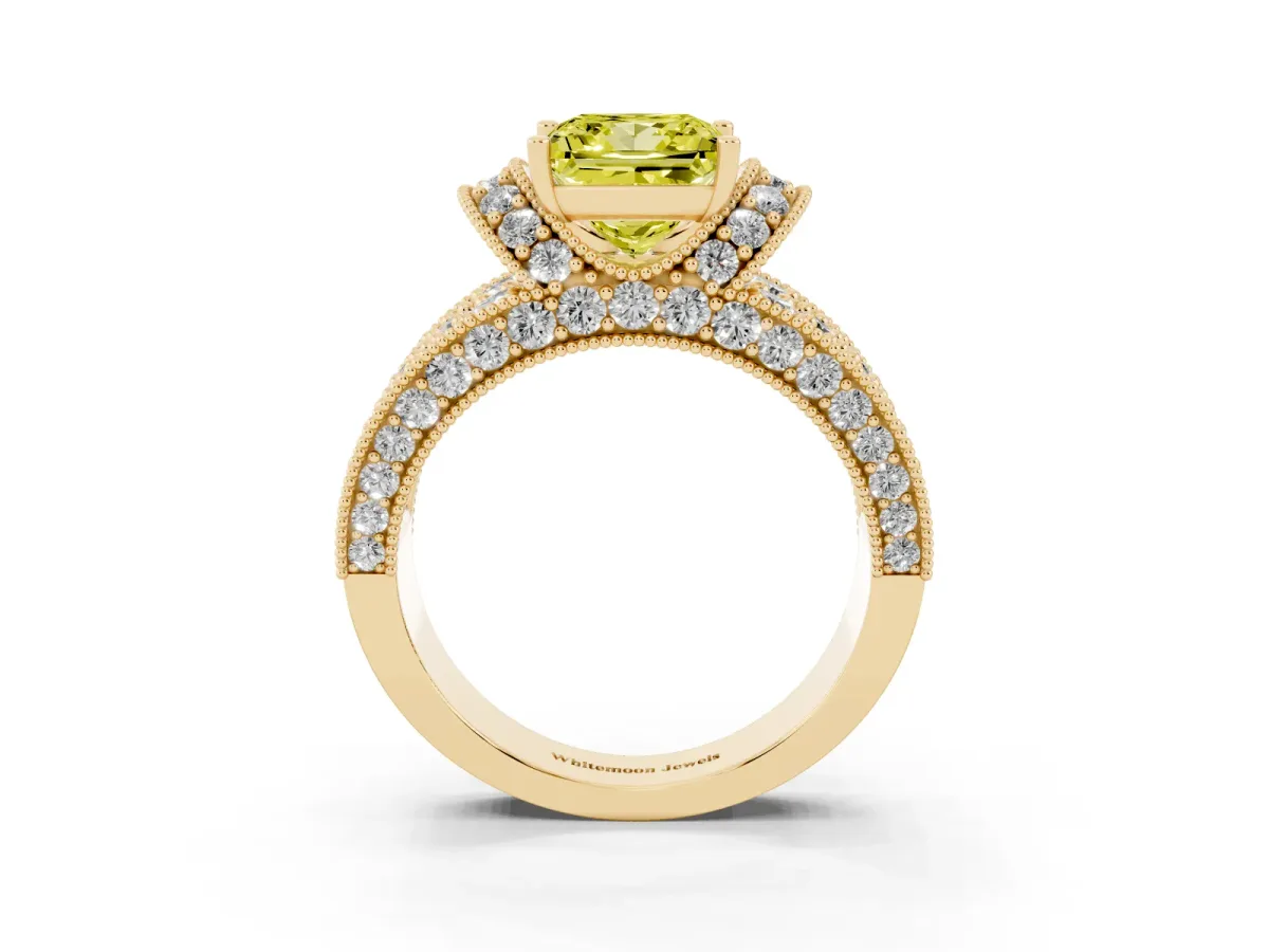 Fancy Yellow Princess Cut Halo Pave Diamond Engagement Ring with Milgrain Detailing Yellow gold