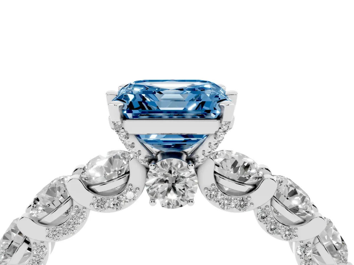 Fancy Blue Asscher Cut Diamond Side Stone Engagement Ring with Four-Prong Setting White gold