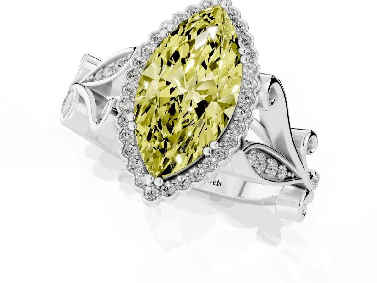 Fancy Yellow Marquise Cut Diamond Halo Ring with Vintage Split Shank and Four-Prong Setting Silver