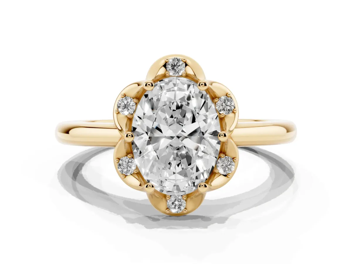 Oval Cut Halo Diamond Ring with Round Cluster Setting, Solitaire Band, and Four-Prong Setting Yellow gold