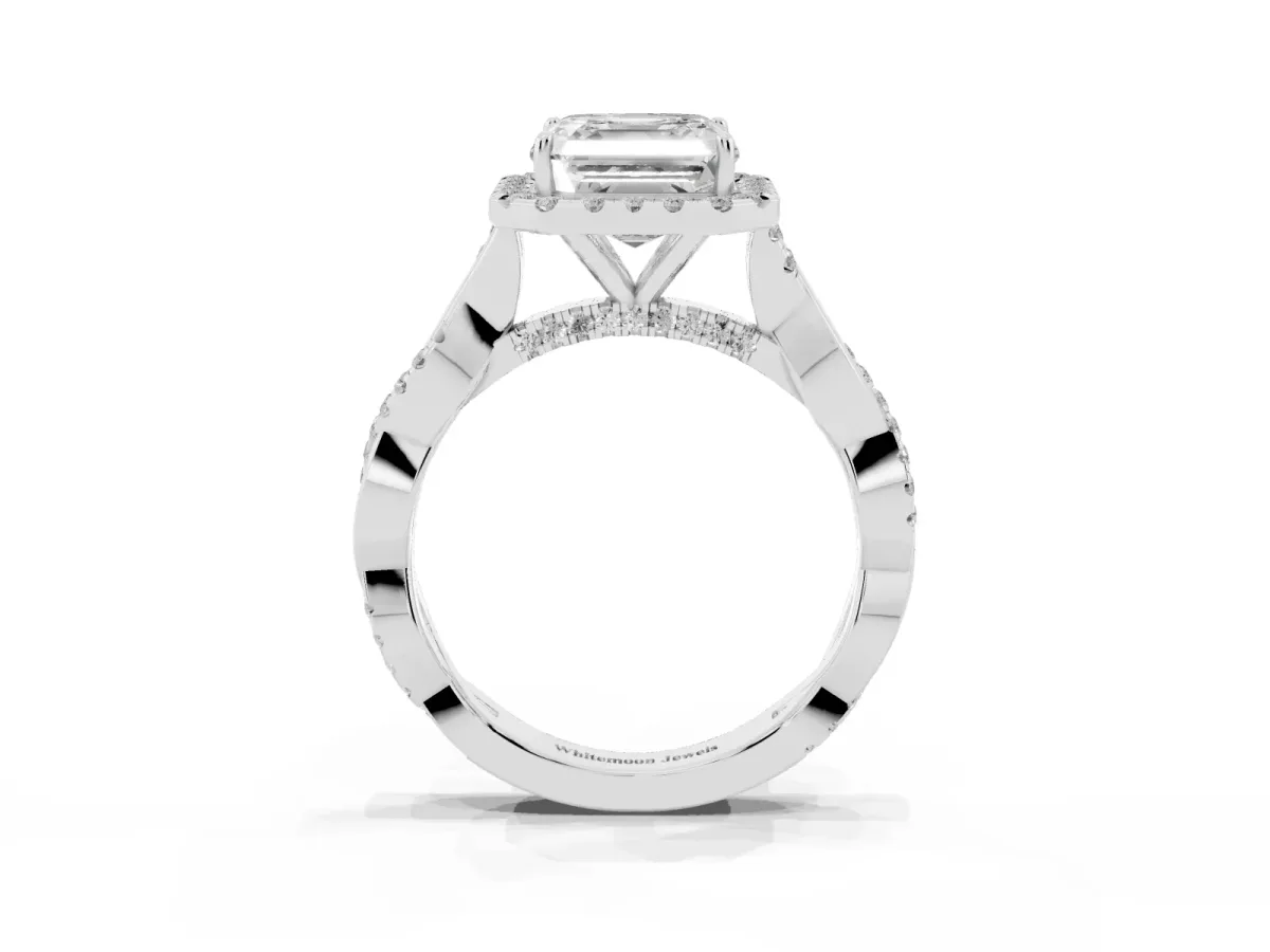 Asscher Cut Halo Twist Band Solitaire Ring Silver