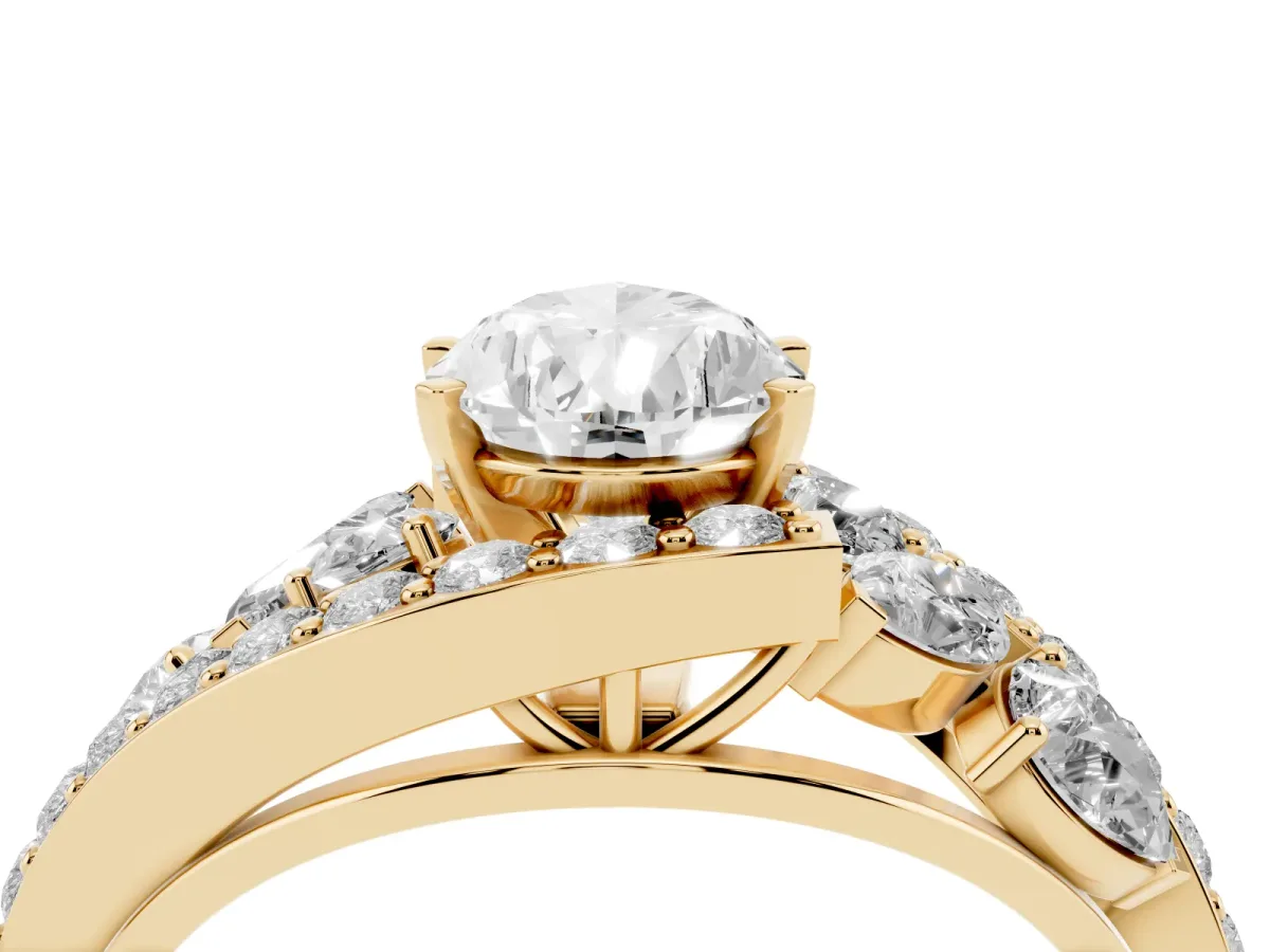 Pear Cut Diamond Halo Ring with Marquise and Pavé Band in Prong Setting Yellow gold