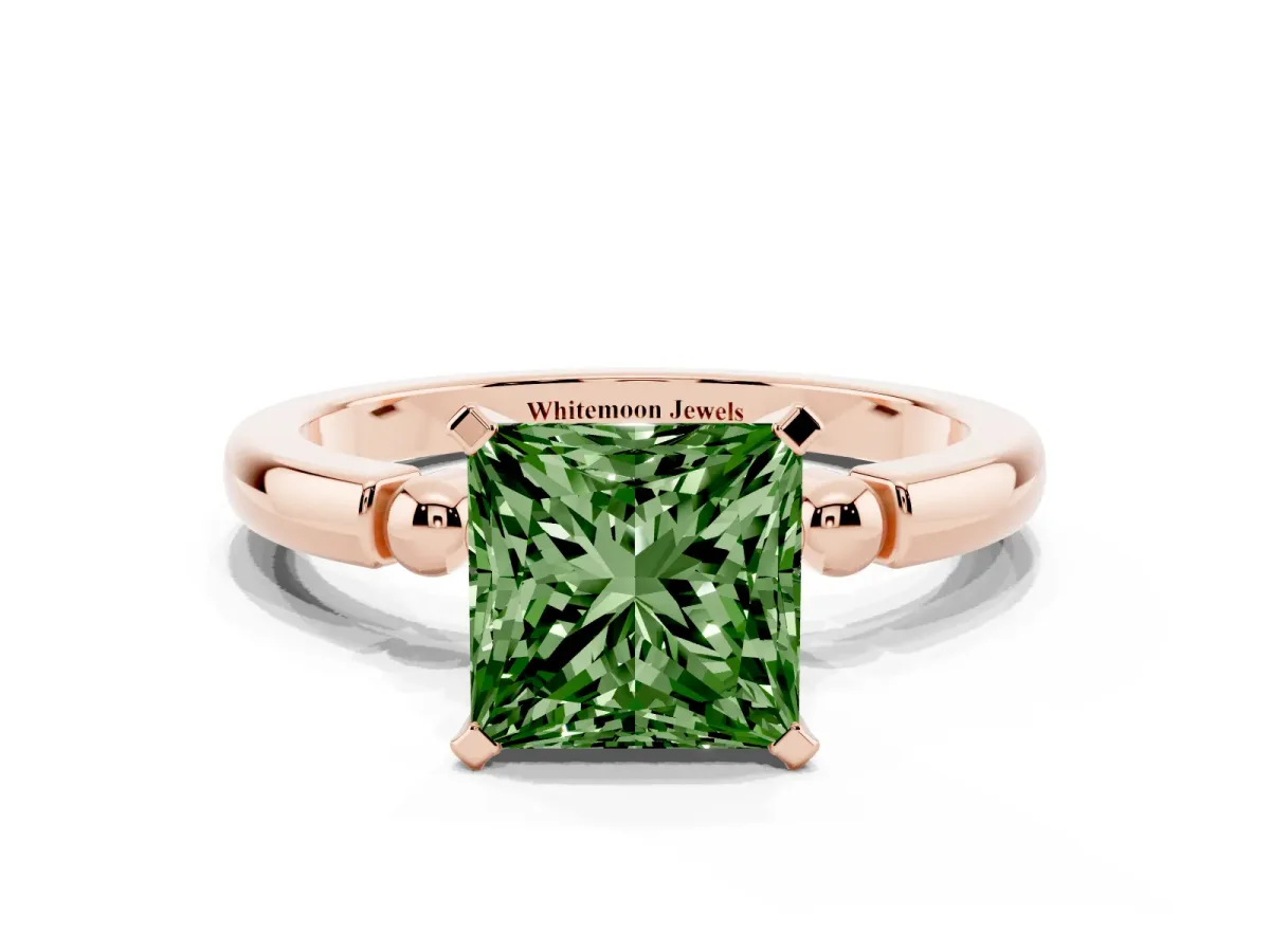 Fancy Green Princess Cut Solitaire Beaded Band with Four-Prong Setting Rose gold