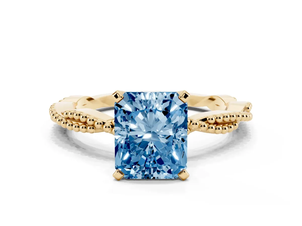 Fancy Blue Radiant Cut Solitaire Twisted Band with Bead Prong Setting Yellow gold