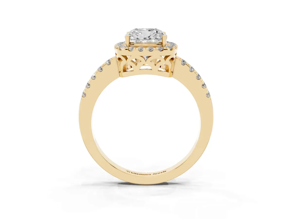 Cushion Cut Halo Diamond Engagement Ring with Pavé Band and Four-Prong Setting Yellow gold