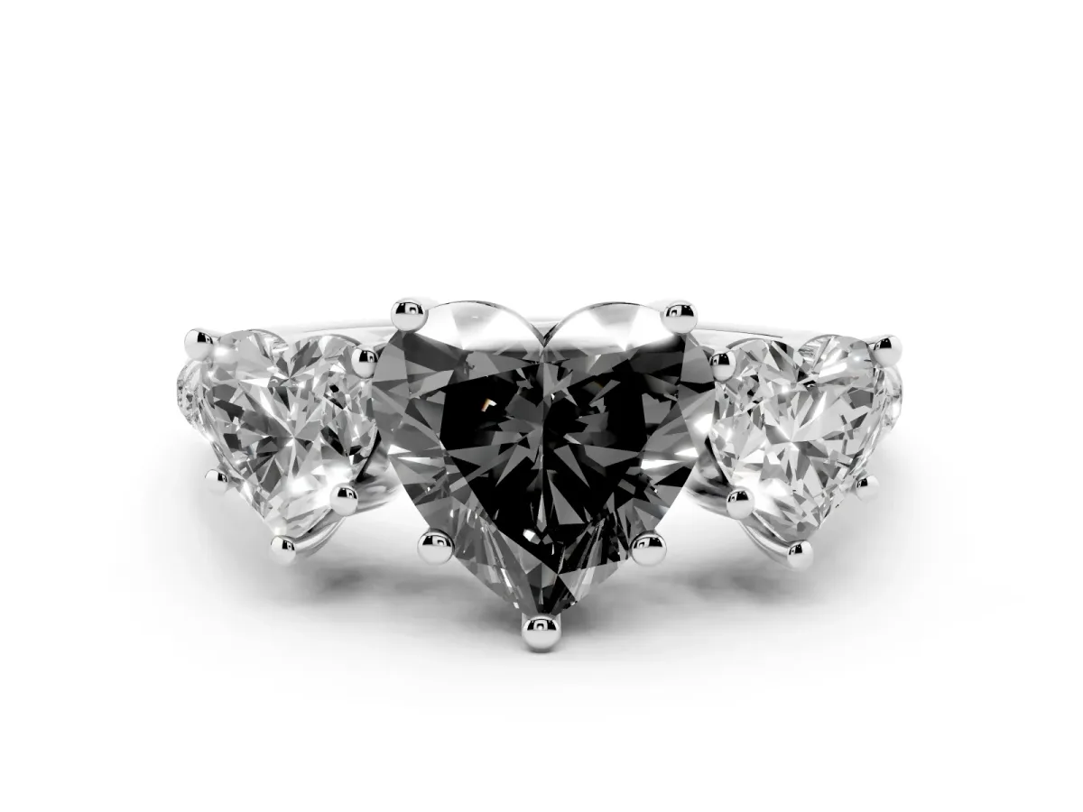 Fancy Black Three-Stone Heart Cut Diamond Ring with Round Pavé Band and Prong Setting Silver
