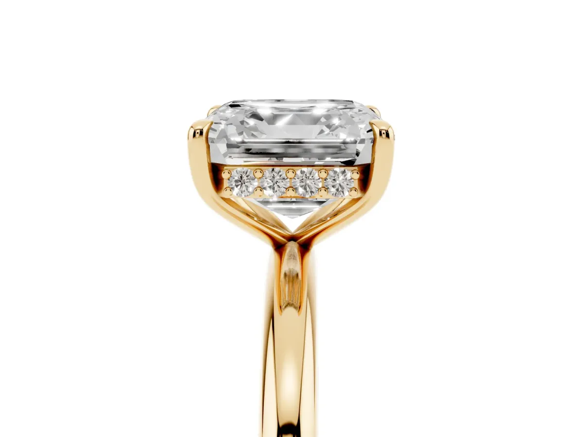 Asscher Cut Diamond Solitaire Ring with Thin Band and Four-Prong Setting Yellow gold