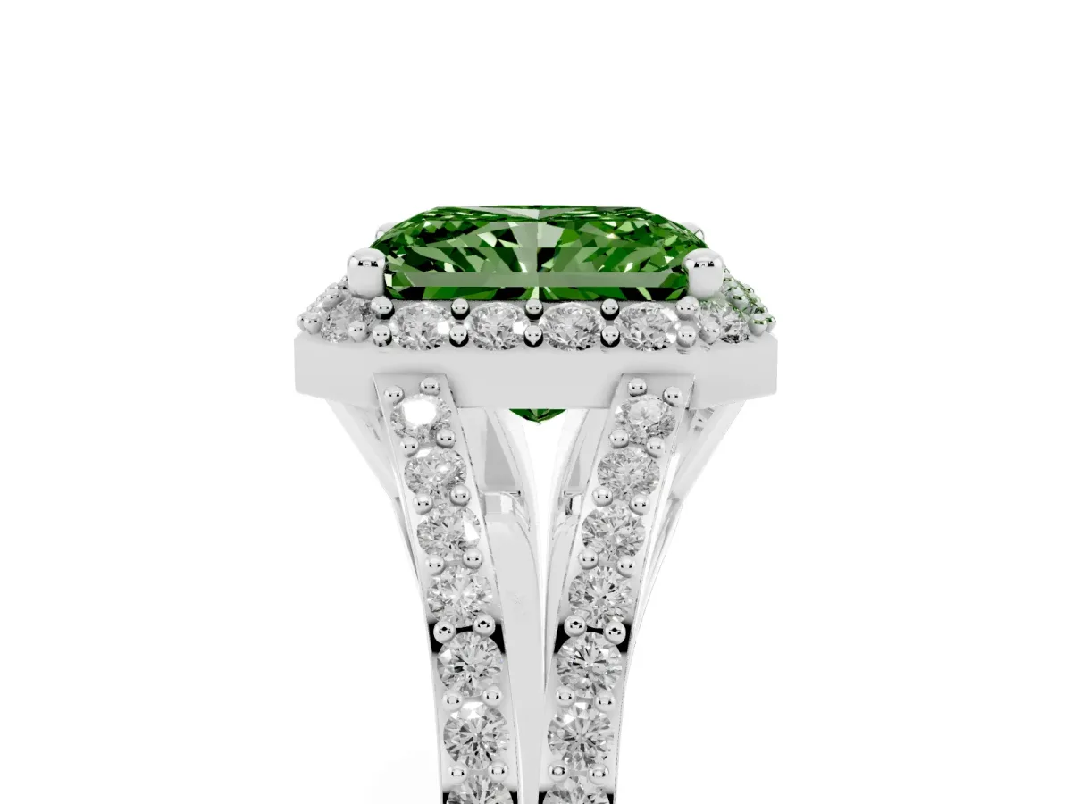 Fancy Green Radiant Cut Halo Split Shank Pave Diamond Ring with Four-Prong Setting Platinum