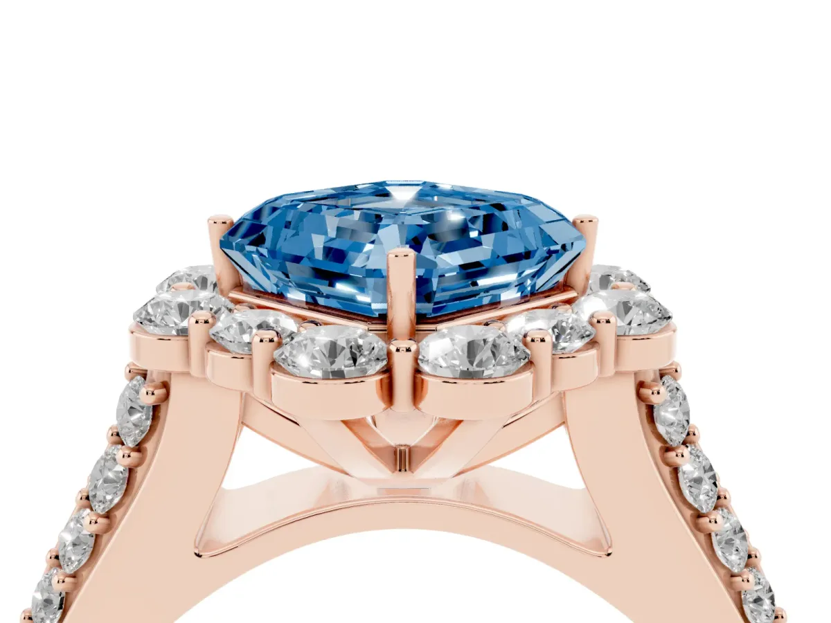 Fancy Blue Asscher Cut Halo Diamond Engagement Ring with Split Shank and Prong Setting Rose gold