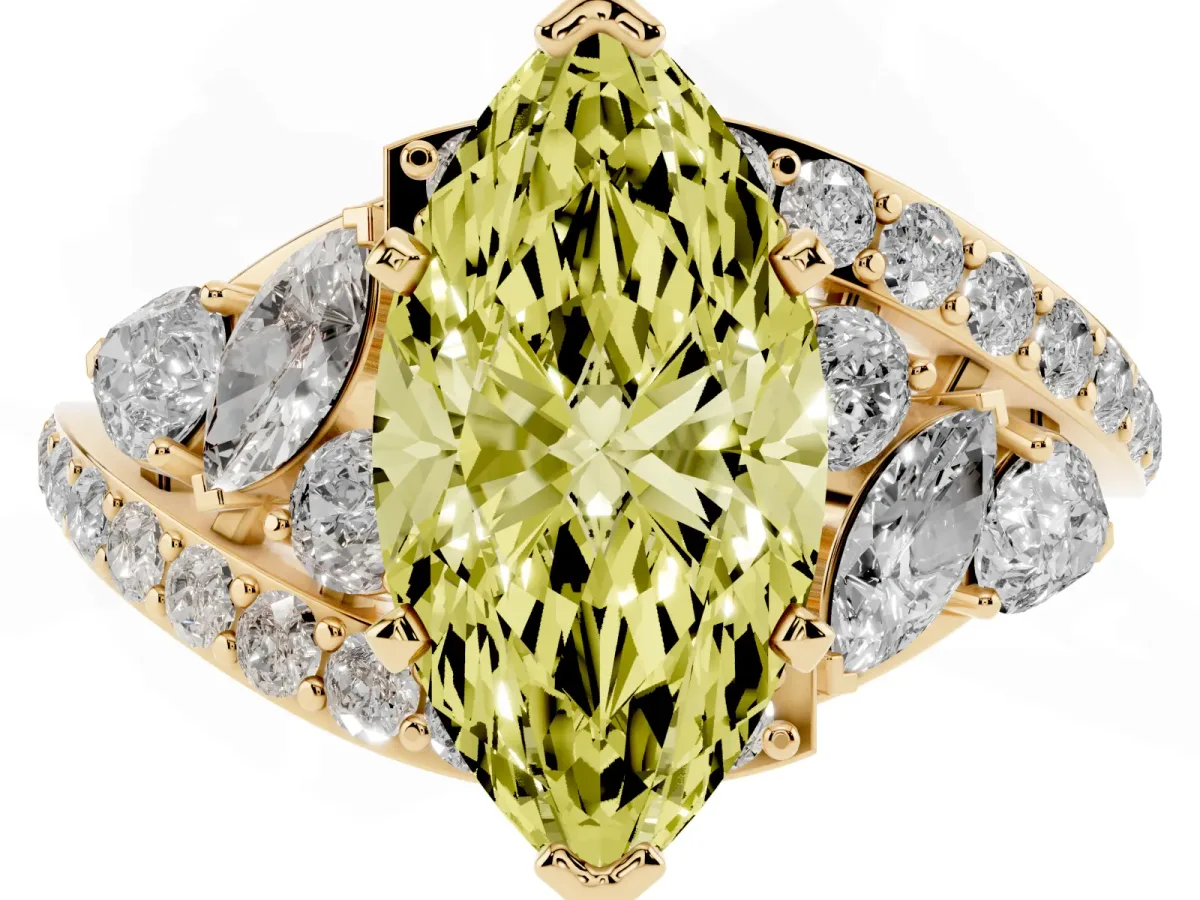 Fancy Yellow Marquise Cut Diamond Halo Ring with Marquise and Pavé Band in Prong Setting Yellow gold