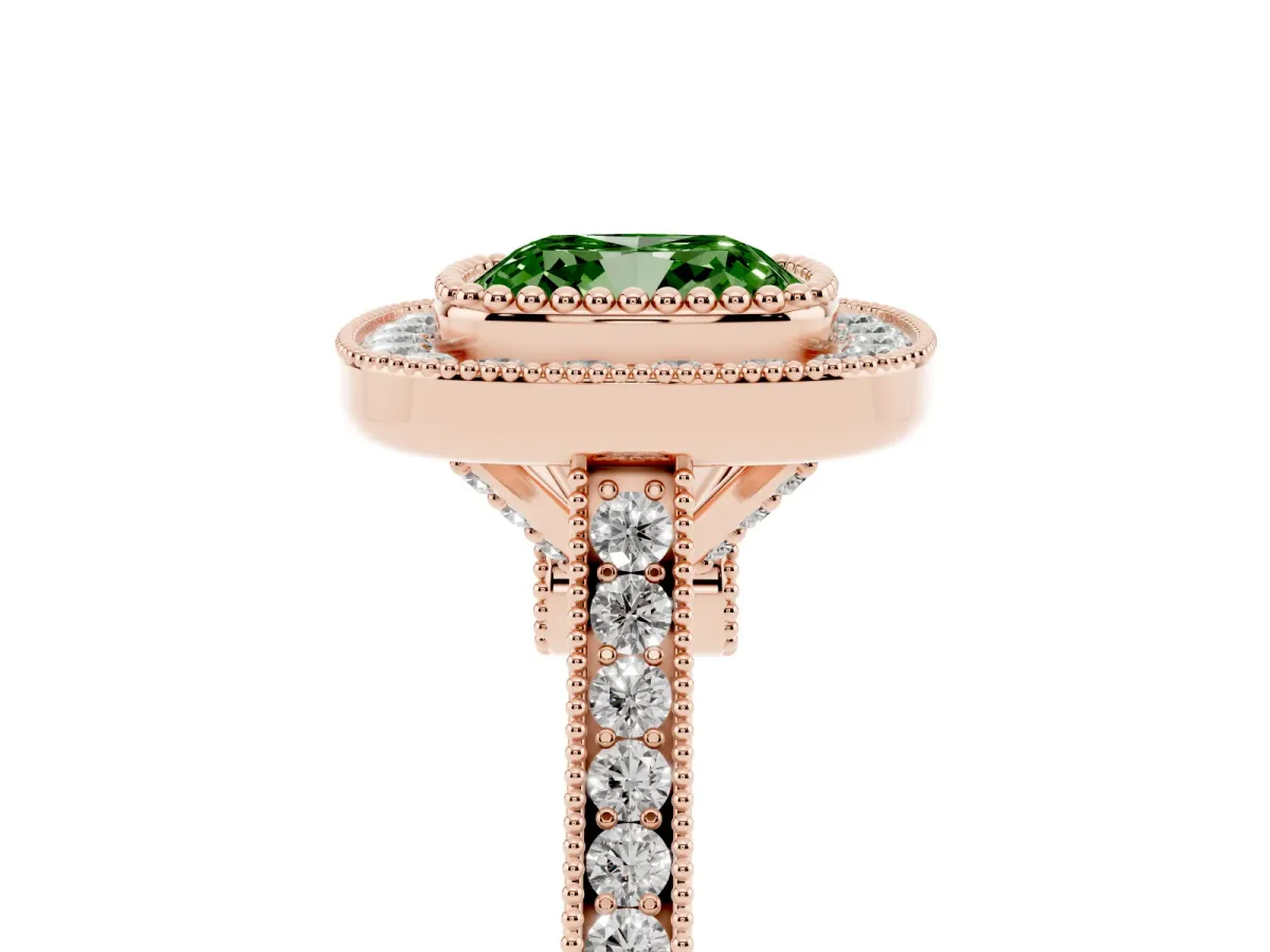 Fancy Green Cushion Cut Diamond Halo Ring with Milgrain Frame and Pavé Band Rose gold