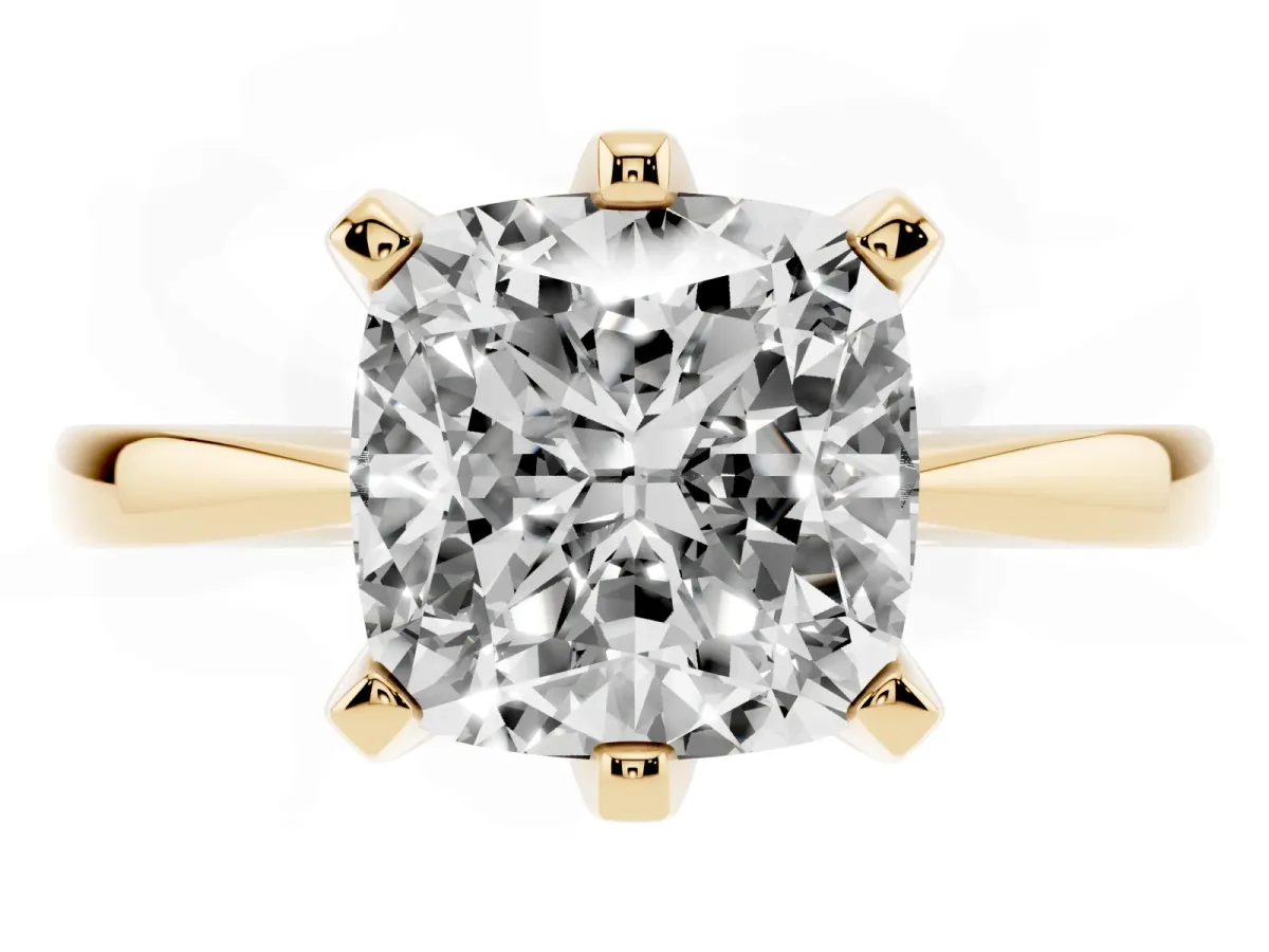 Cushion Cut Solitaire Engagement Ring with Six-Prong Setting and Tapered Band Yellow gold