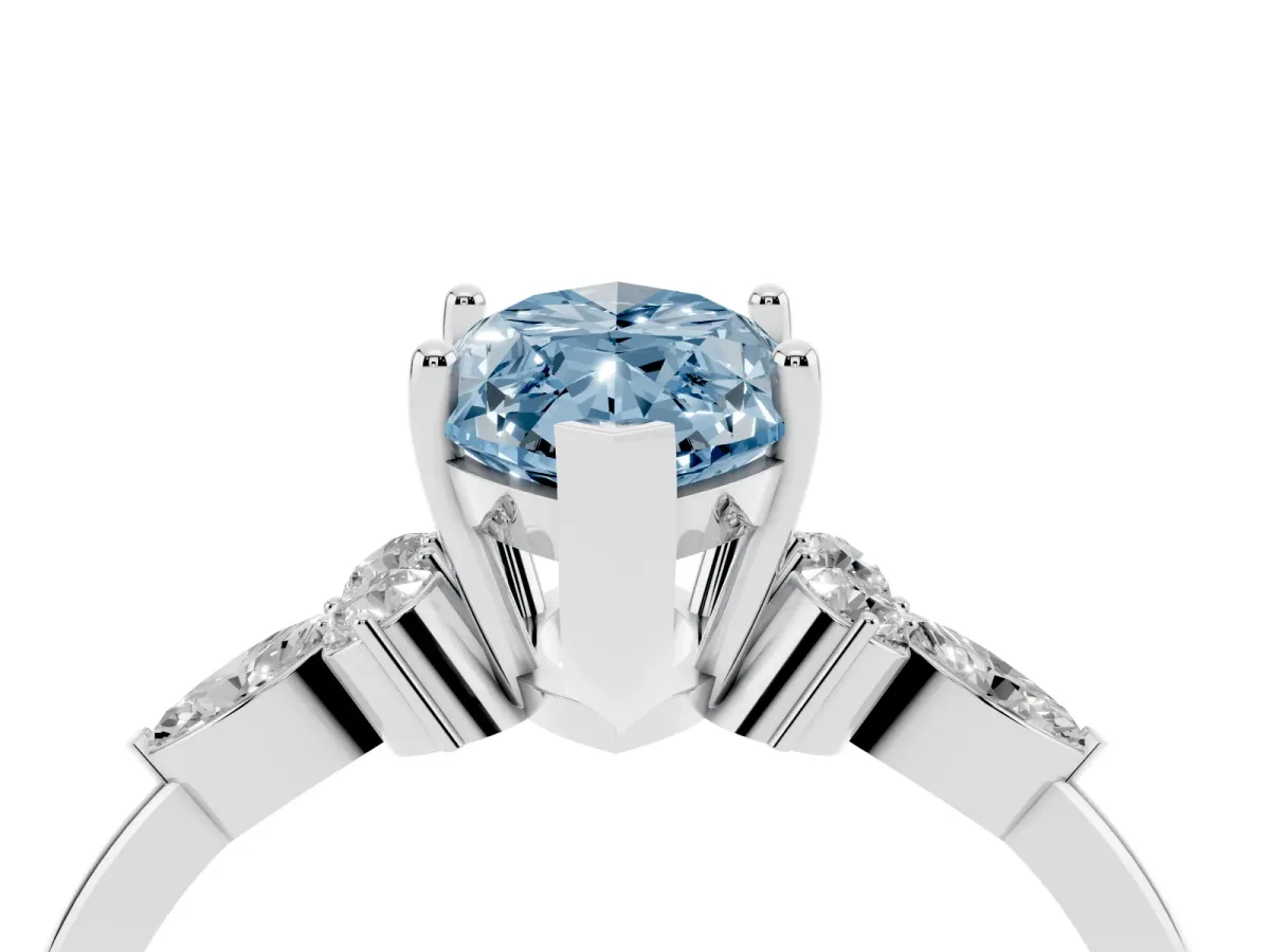 Fancy Blue Marquise Cut Brilliant Diamond Solitaire Ring with Pear Side Stones and Four-Prong Setting Silver