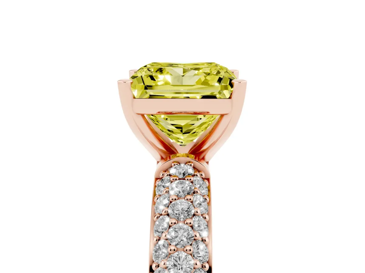 Fancy Yellow Princess Cut Diamond Solitaire Ring with Prong Setting and Pavé Band Rose gold