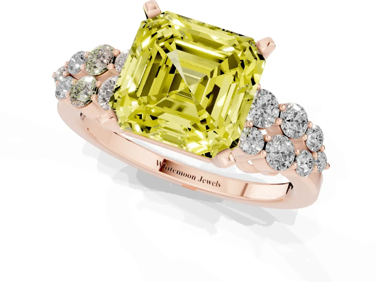 Fancy Yellow Asscher Cut Cluster Diamond Engagement Ring with Pavé Band and Four-Prong Setting Rose gold