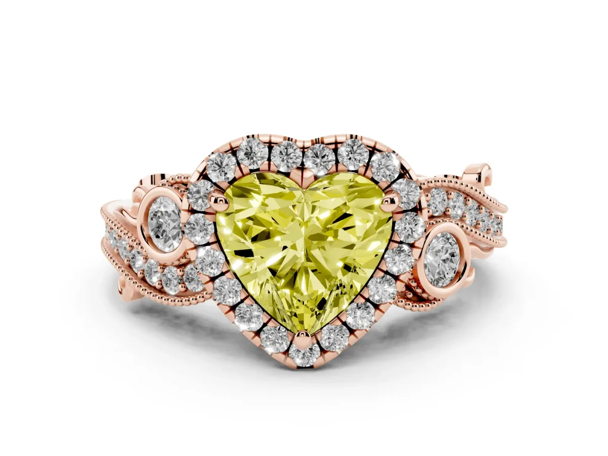 Fancy Yellow Heart Cut Diamond Halo Ring with Milgrain Pavé Band and Four-Prong Setting Rose gold