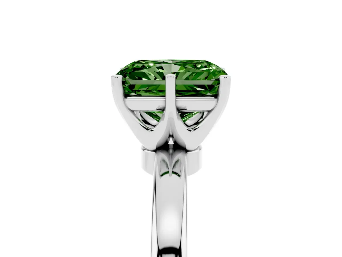 Fancy Green Radiant Cut Solitaire Diamond Ring with Six-Prong Setting on a Classic Band Silver