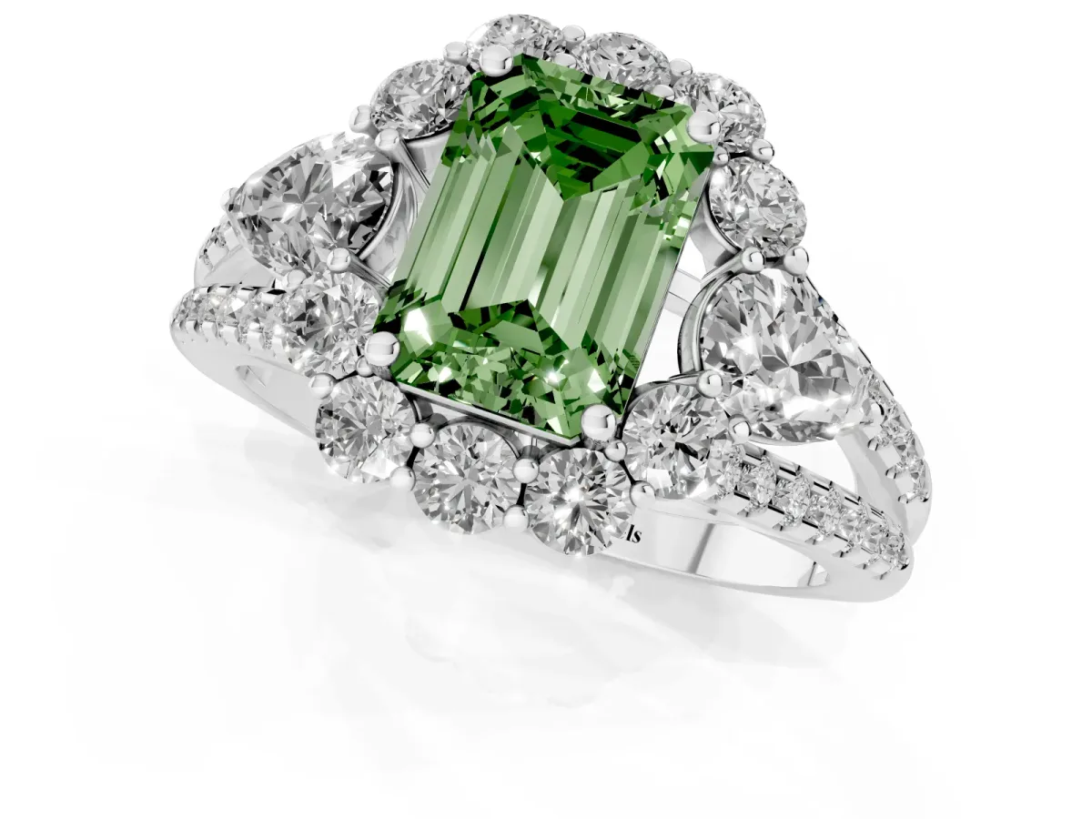 Fancy Green Emerald Cut Halo Split Shank Diamond Engagement Ring with Prong Setting White gold