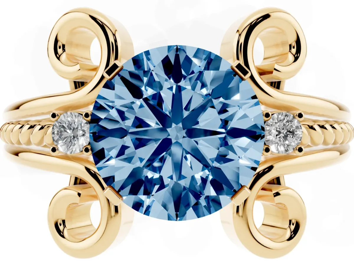 Fancy Blue Round Cut Solitaire Twisted Band Scroll Prong Ring Yellow gold