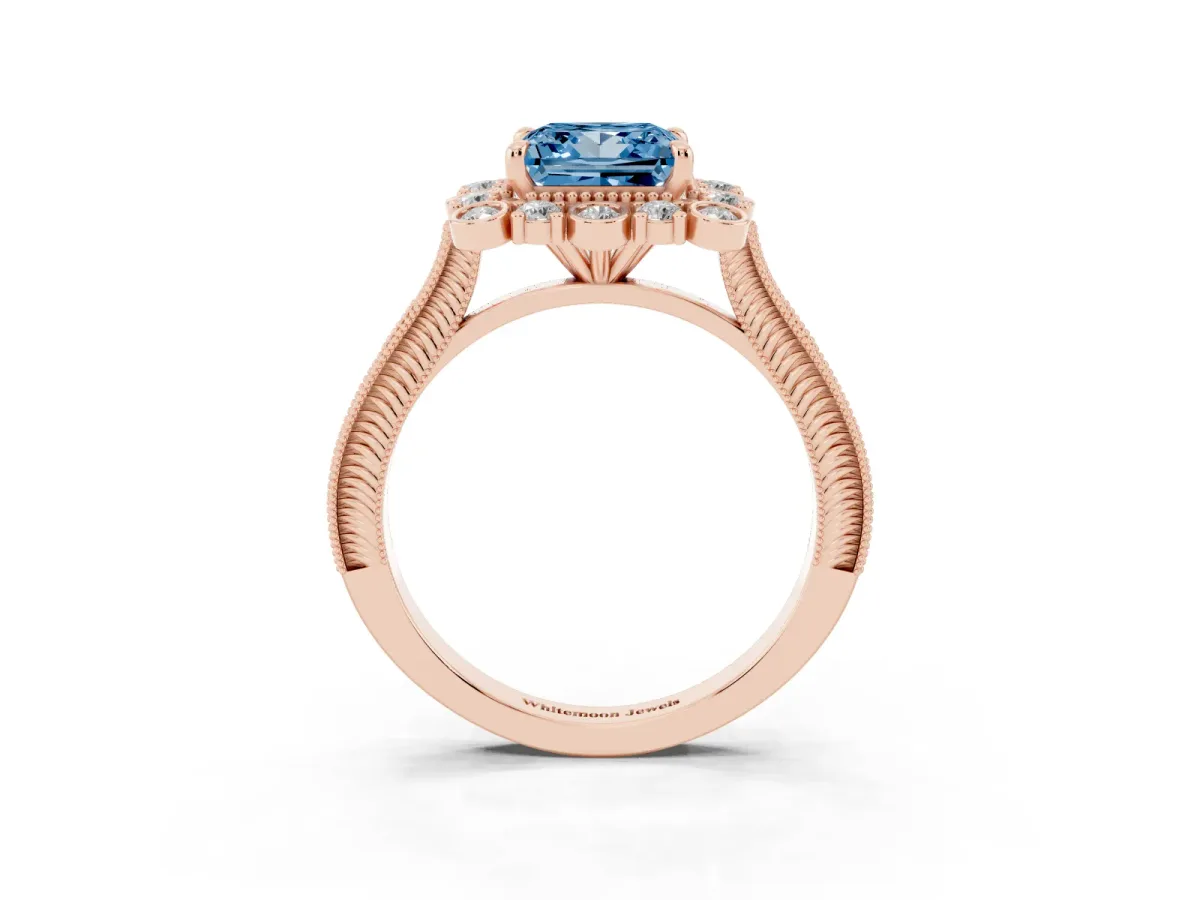 Fancy Blue Princess Cut Halo Milgrain Pave Diamond Ring with Four-Prong Setting Rose gold