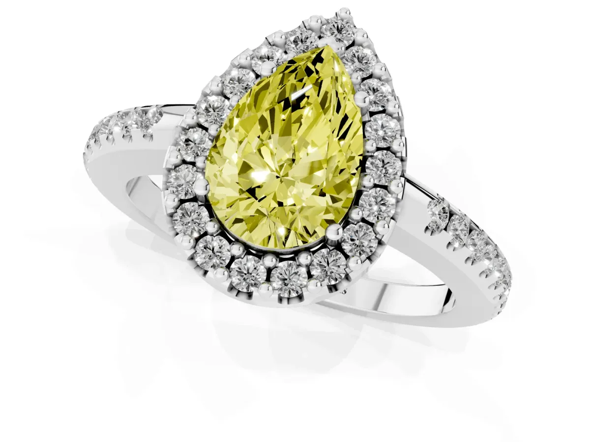 Fancy Yellow Pear Cut Diamond Pavé Halo Ring with Four-Prong Setting Silver