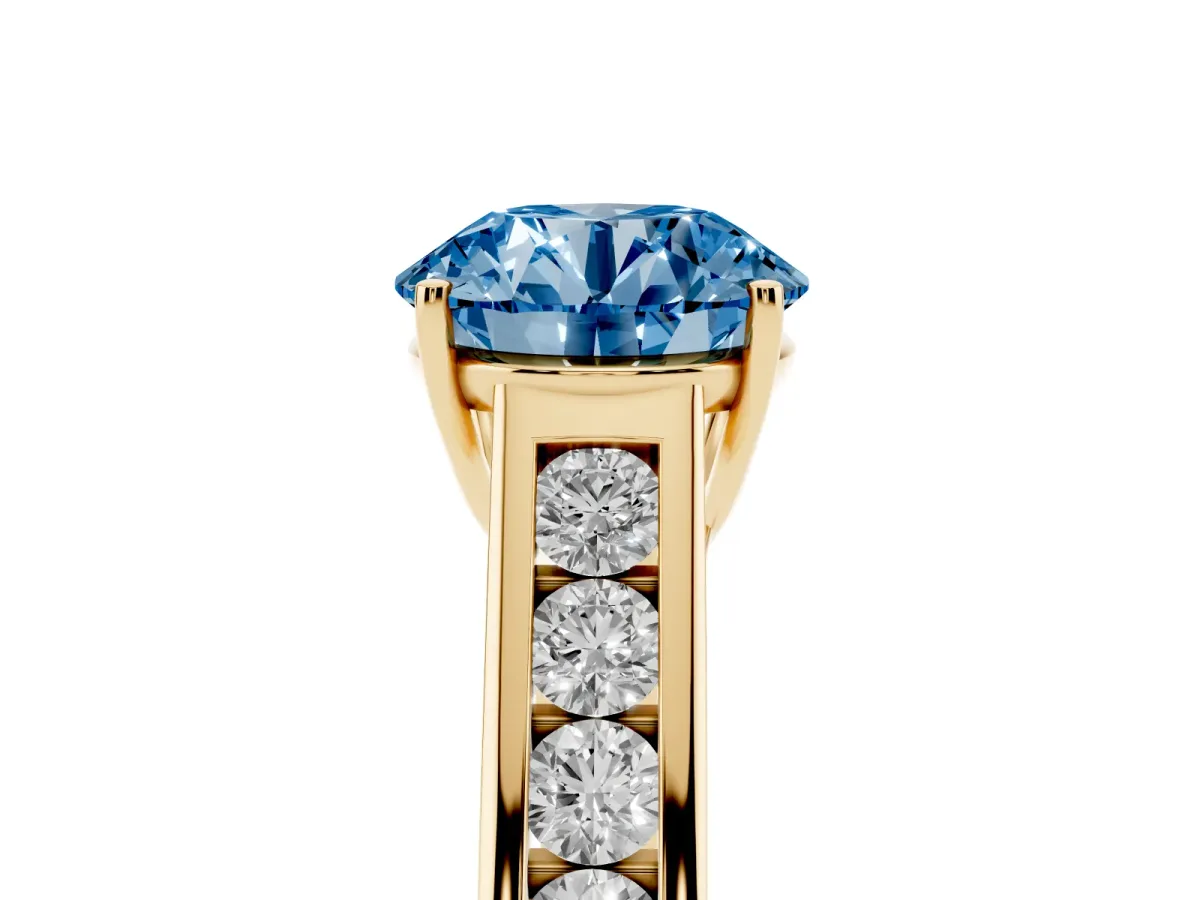 Fancy Blue Round Cut Brilliant Channel-Set Solitaire Ring with Four-Prong Setting Yellow gold