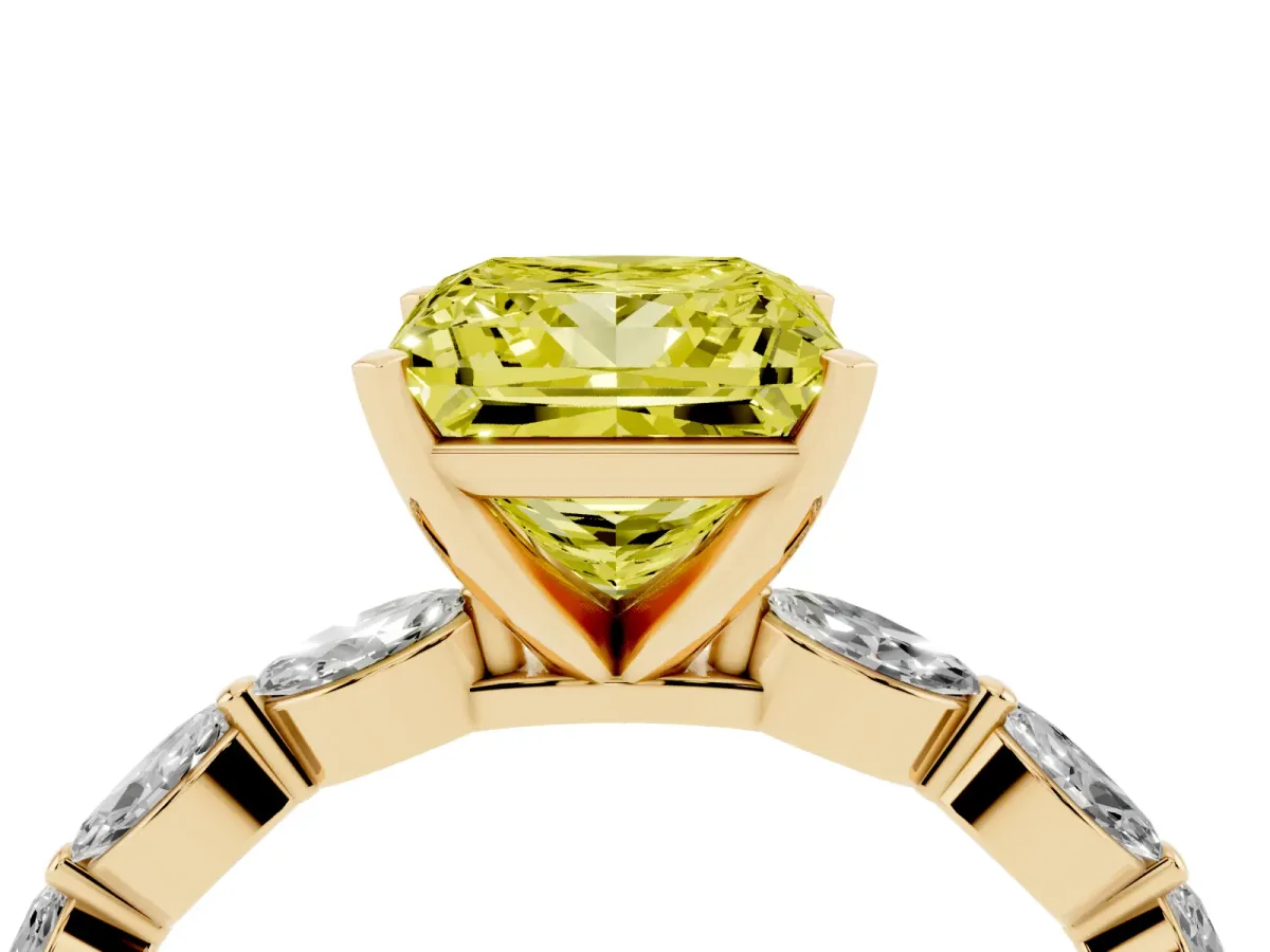 Fancy Yellow Princess Cut Diamond Ring with Marquise Side Stones and Prong Setting Yellow gold