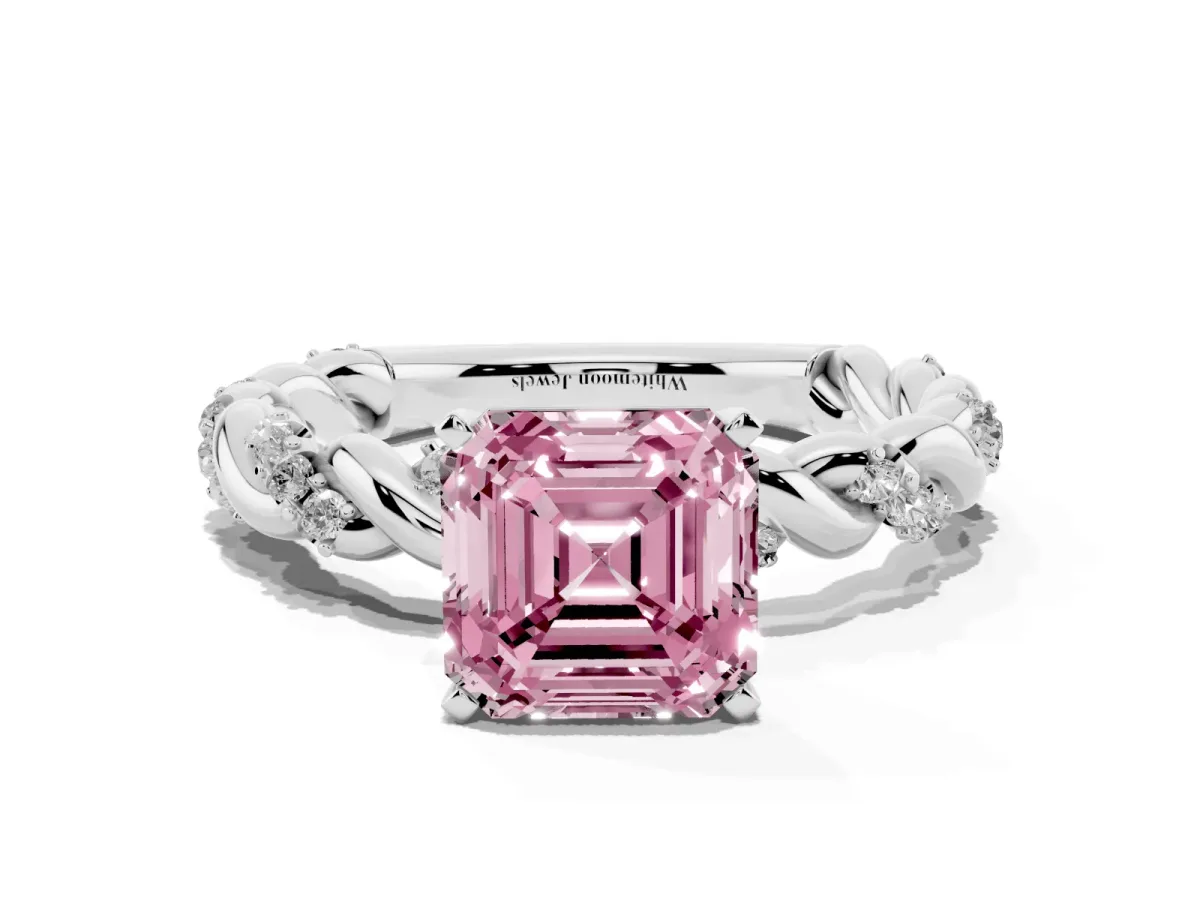 Fancy Pink Asscher Cut Diamond Solitaire Ring with Twisted Band and Pavé Accents Silver