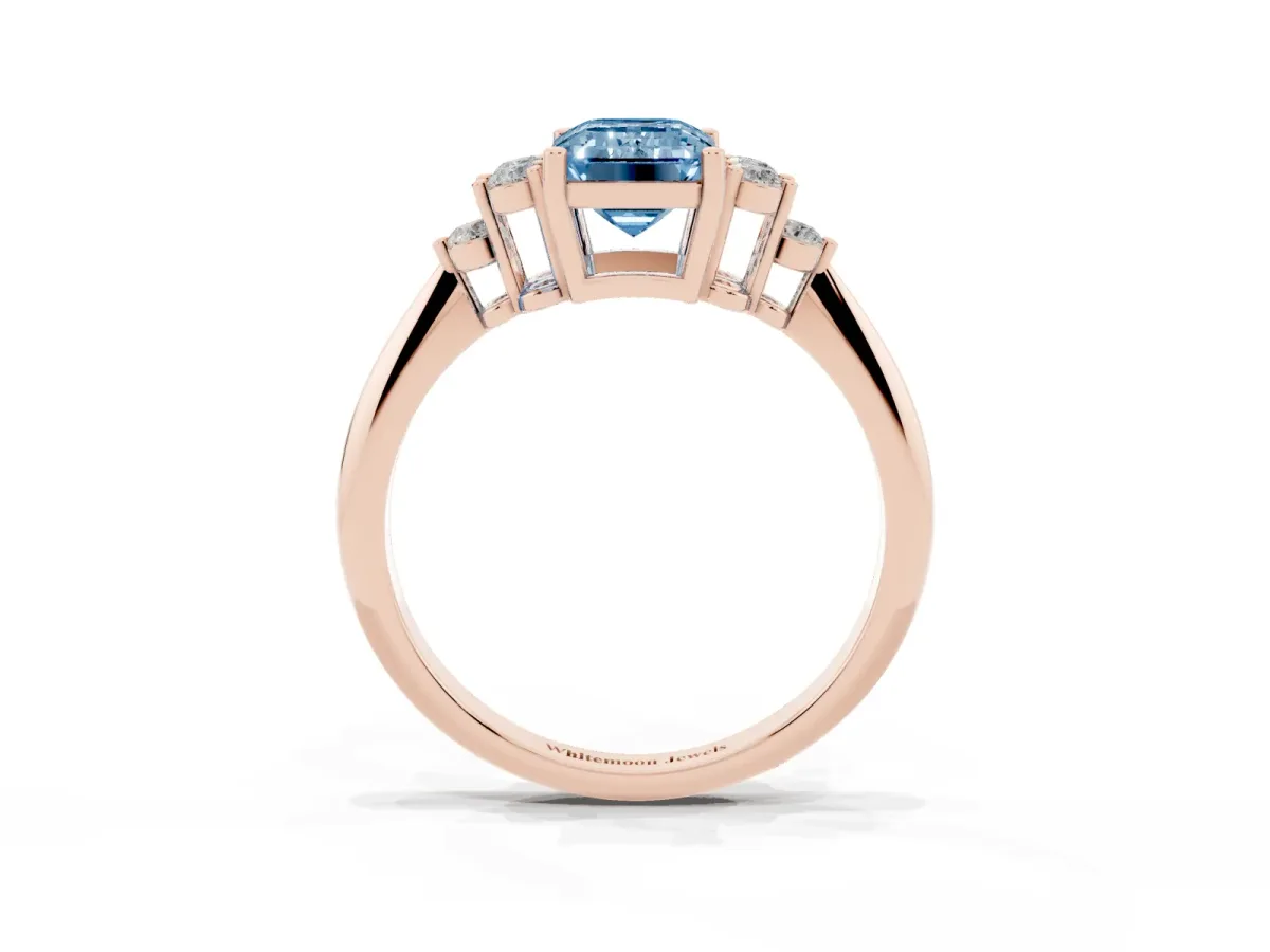 Fancy Blue Emerald Cut Cut Diamond Cluster Ring with Solitaire Band and Four-Prong Setting Rose gold