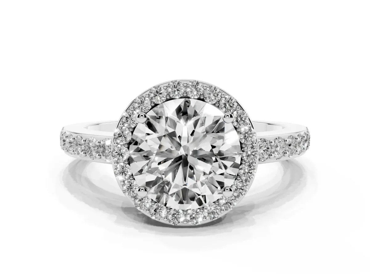 Round Cut Halo Diamond Pavé Band Ring with Prong Setting Platinum