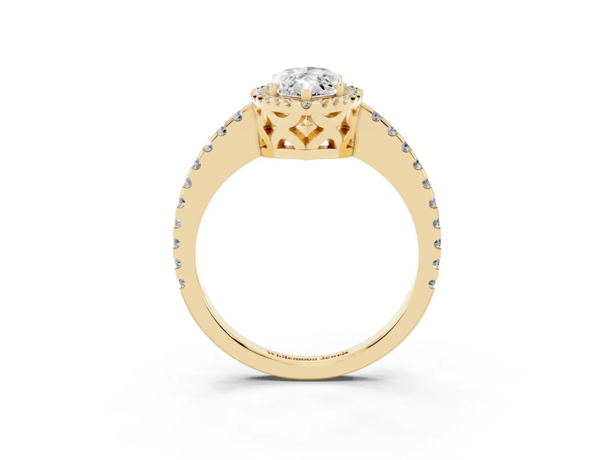 Marquise Cut Diamond Halo Engagement Ring with Pavé Band and Prong Setting Yellow gold