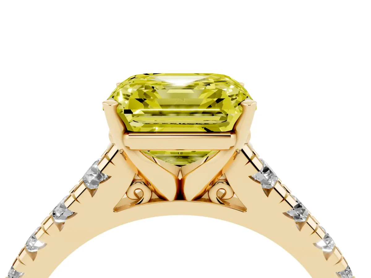 Fancy Yellow Asscher Cut Diamond Cathedral Solitaire Ring with Round Pavé Band Yellow gold