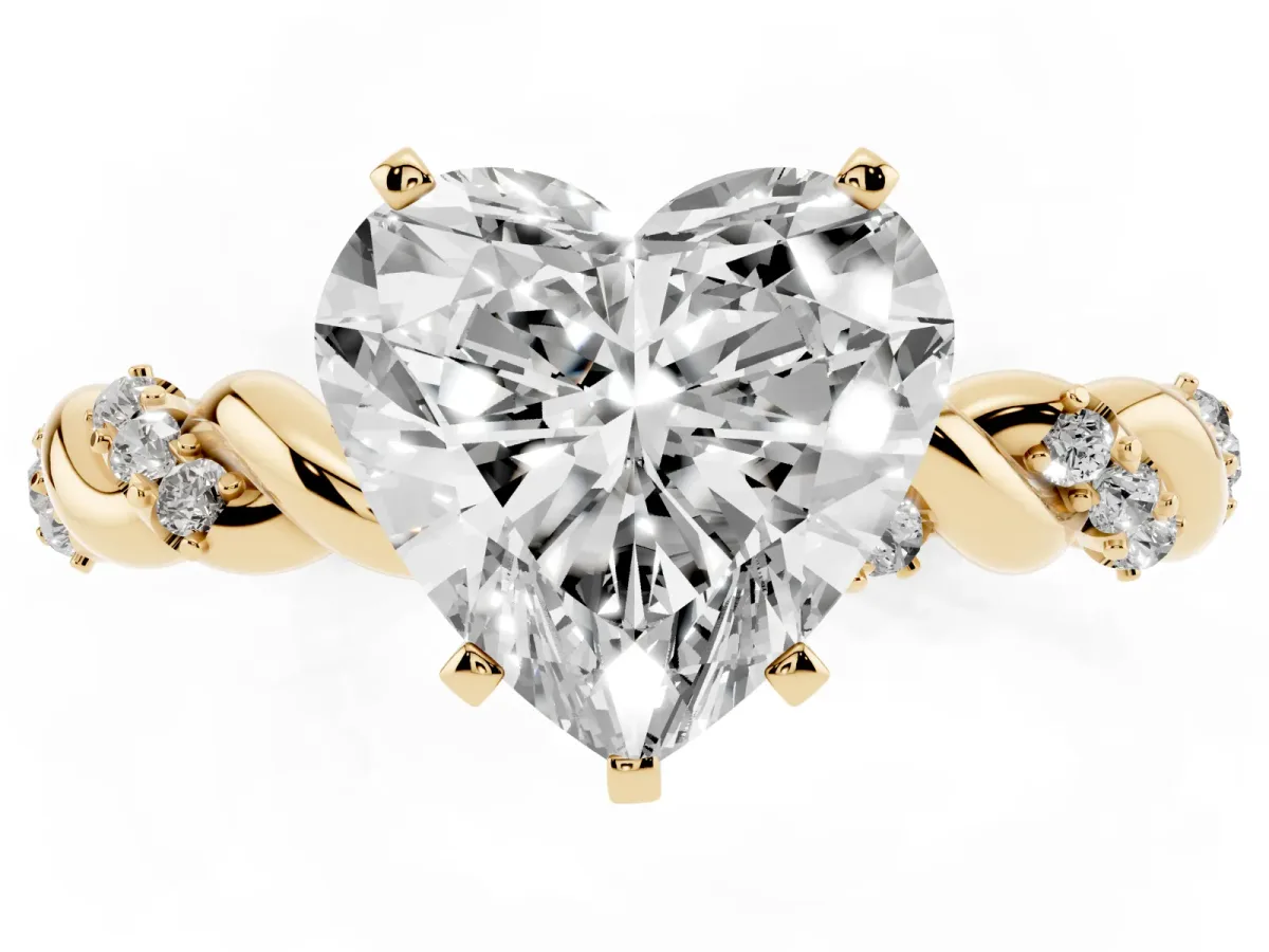 Heart Cut Diamond Solitaire Ring with Twisted Band and Pavé Accents Yellow gold